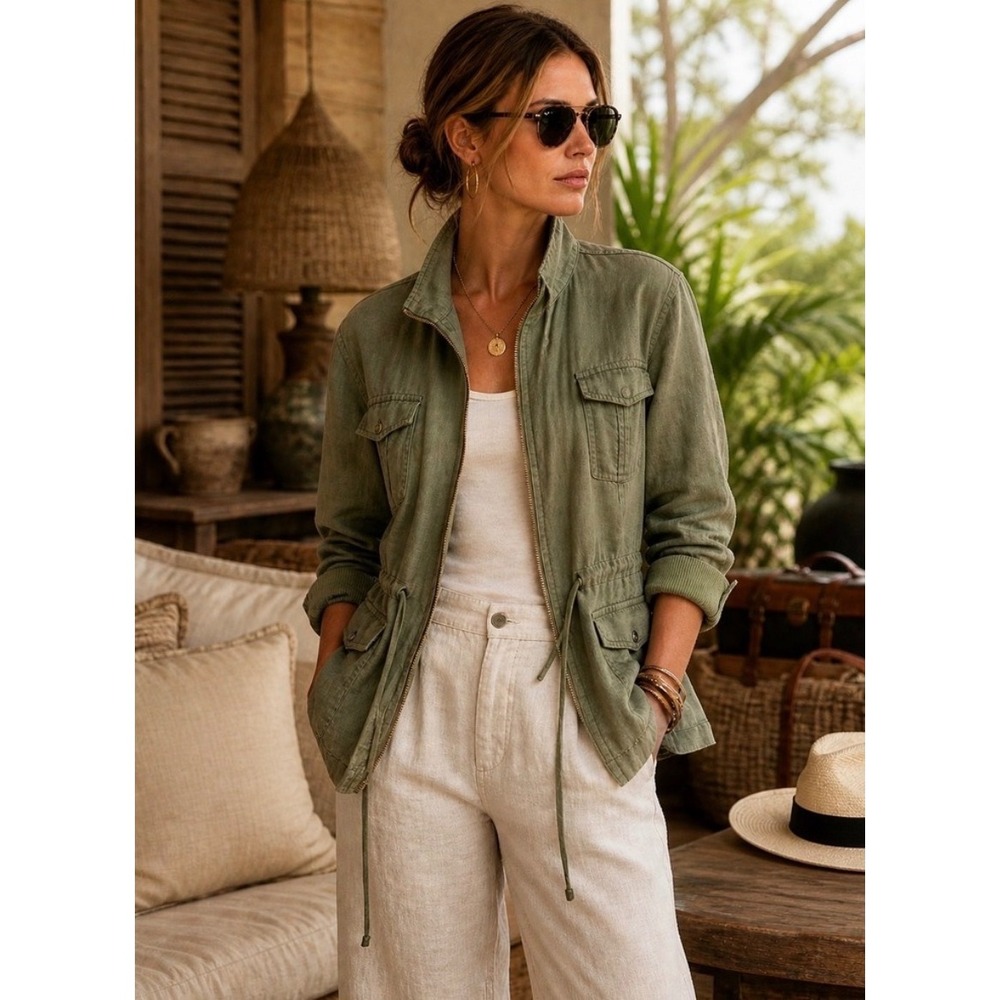 100% LINEN MICHAEL STARS Jacket Green Utility Cargo Field Safari Large Military